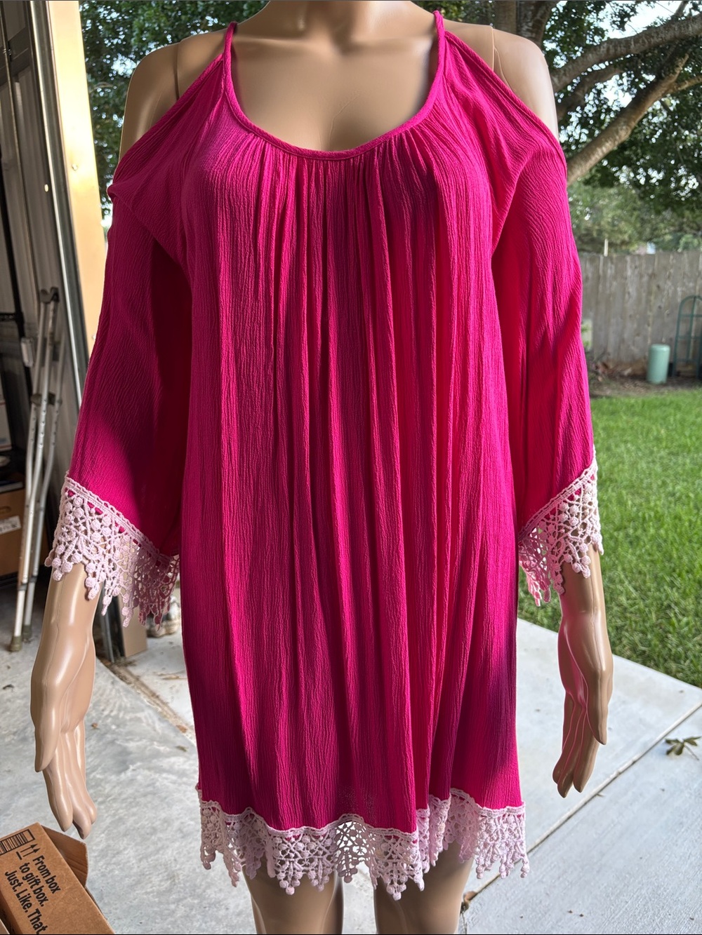 Umgee Hot Pink Cold-Shoulder Tunic with Crochet Trim